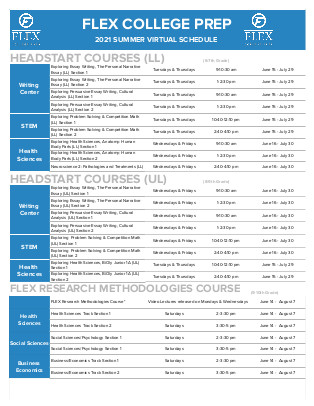 Full 2021 Summer HeadStart Course Schedule
