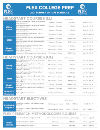 Full 2021 Summer HeadStart Course Schedule